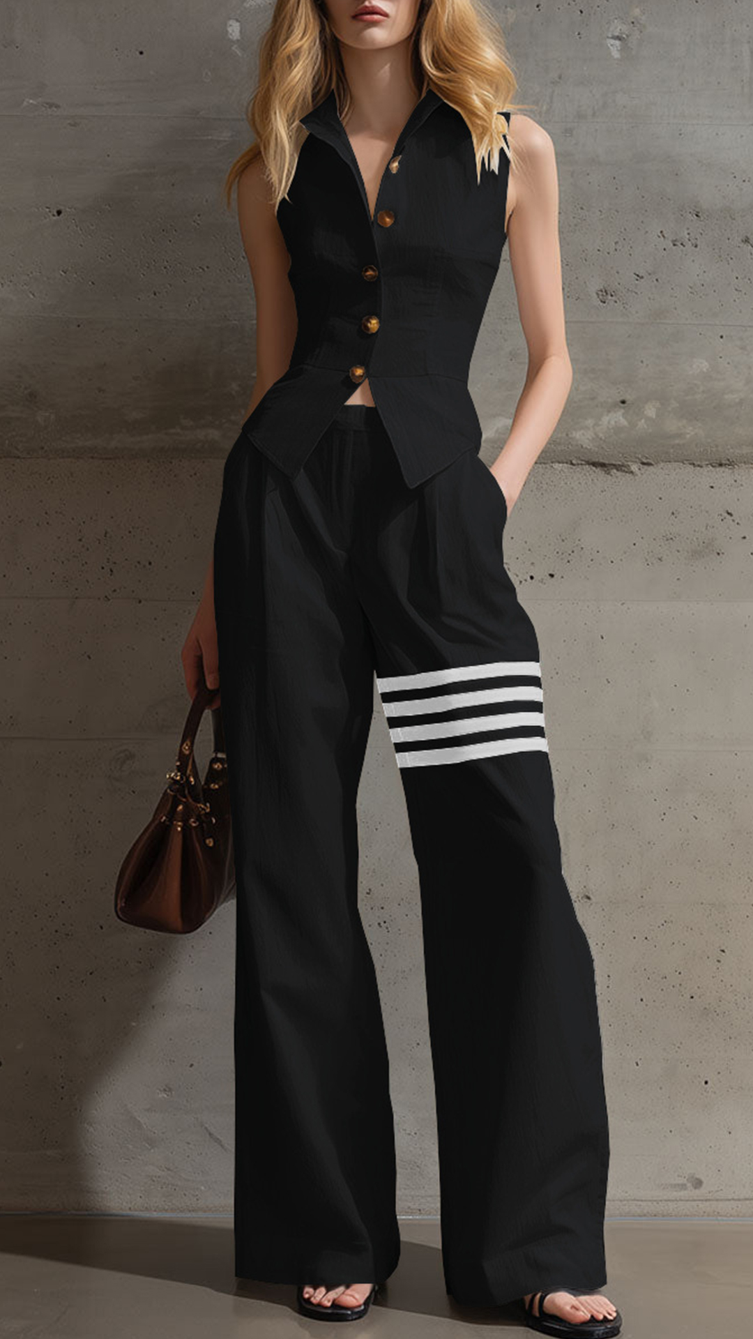 Women's Cotton-Blend Sleeveless Fitted Waist Vest & Wide-Leg Pants Set - Nordfashionstorm - Women's Clothing, Fashion for You - Nordfashionstorm.com