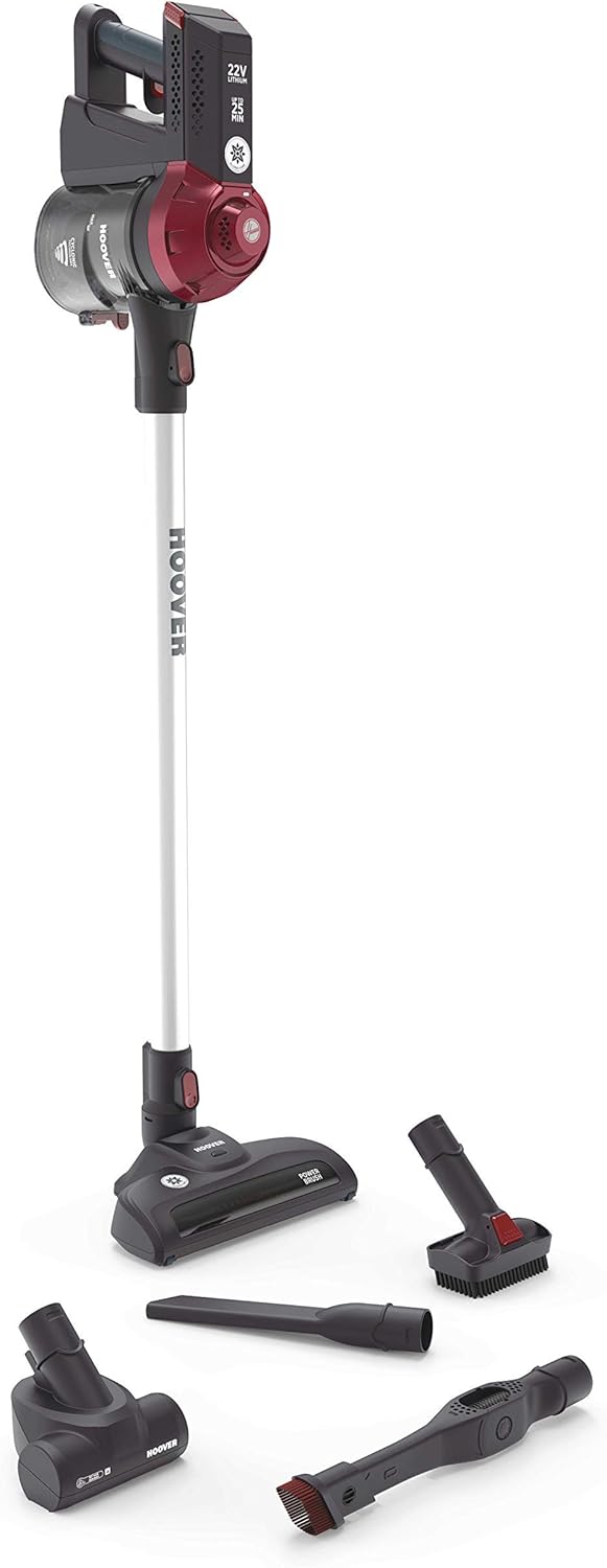 Hoover Freedom FD22RP 011 Scopa Elettrica senza Filo, Tecnologia Ciclonica, Multifunzione, Batteria da 22V, Autonomia 25 Min, Spazzola per Peli Animali, Trattamento Antiallergico, Grigio e Rosso