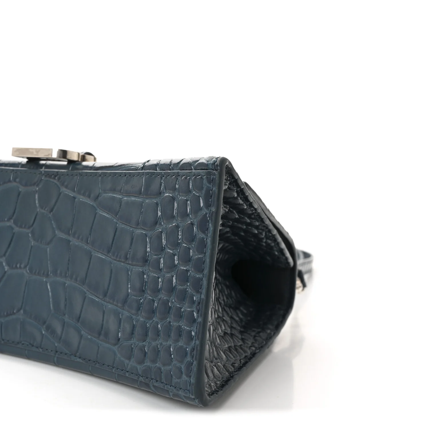 Shiny Calfskin Crocodile Embossed Small Hourglass Top Handle Bag Dark Petrol Blue - Top Club