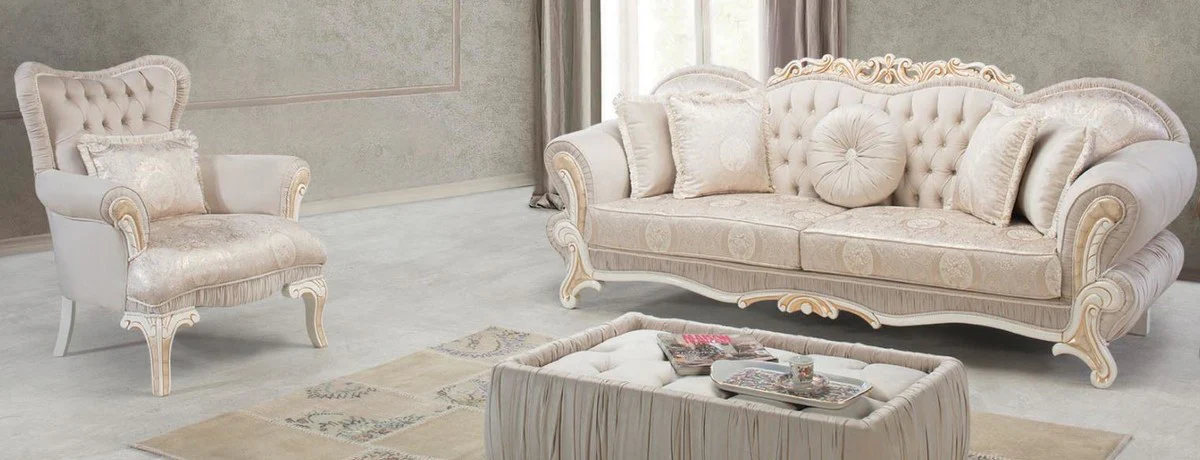 Luxury baroque living room set light pink / white / gold - 2 sofas & 2 armchairs & 1 side table - living room furniture in baroque style - noble and magnificent