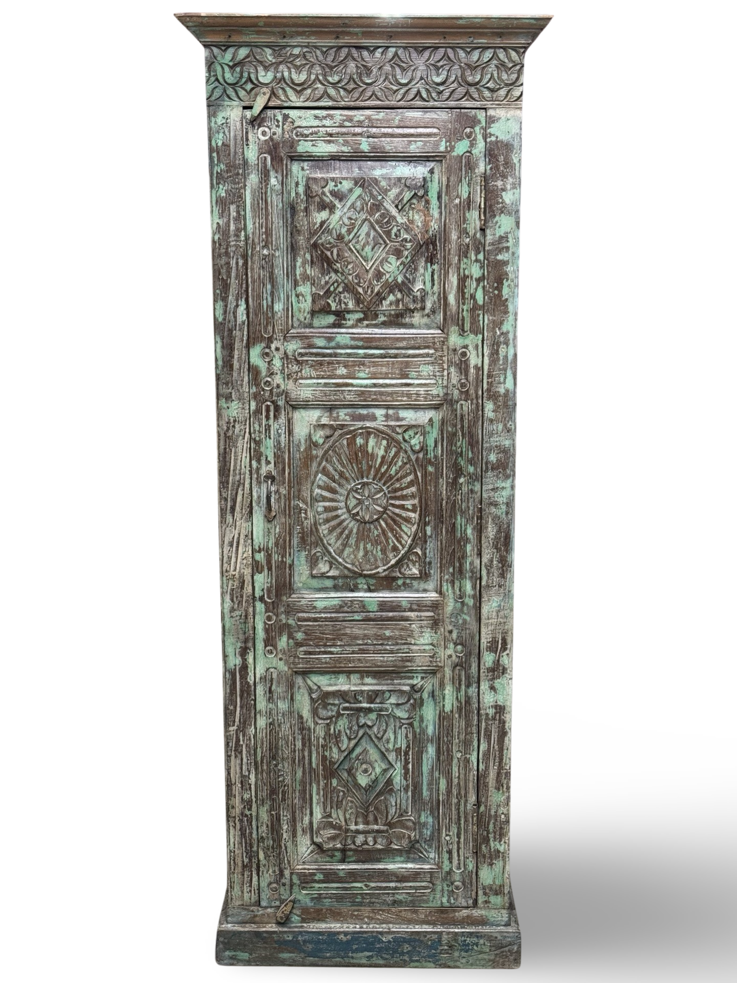 Kast 1 deur groen/blauw snijwerk uniek