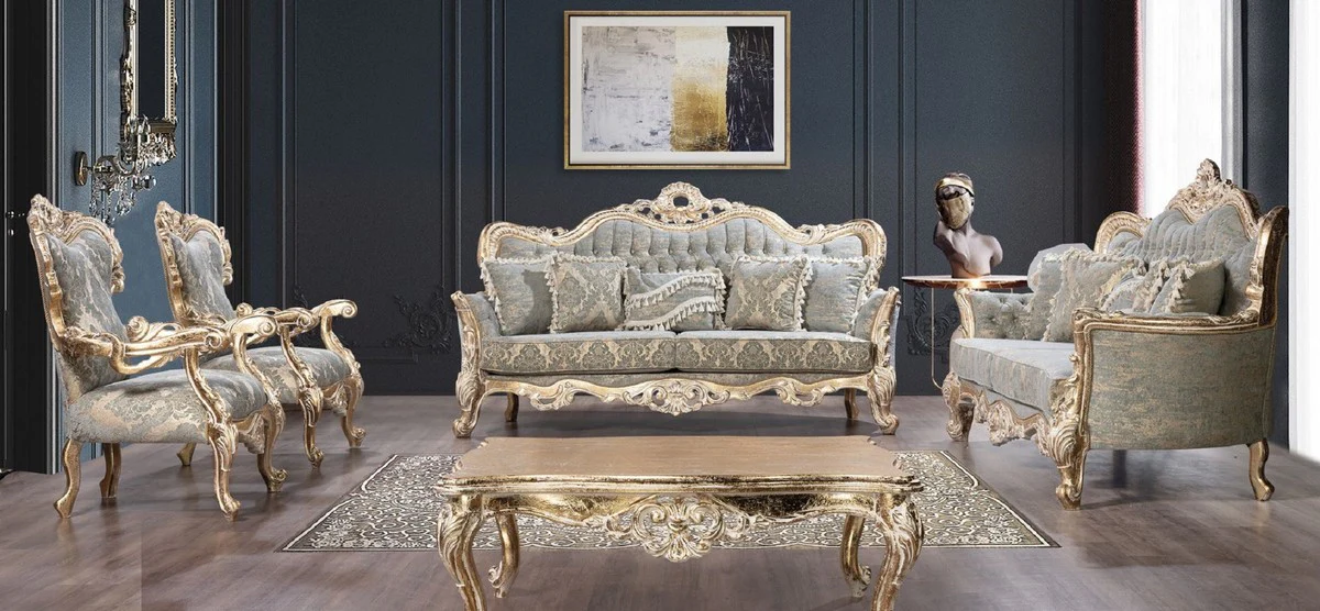Luxury Baroque Living Room Set Green / Antique Gold - 2 Baroque Sofas & 2 Baroque Armchairs & 1 Baroque Coffee Table - Luxury Living Room Furniture in Baroque Style - Baroque Furniture