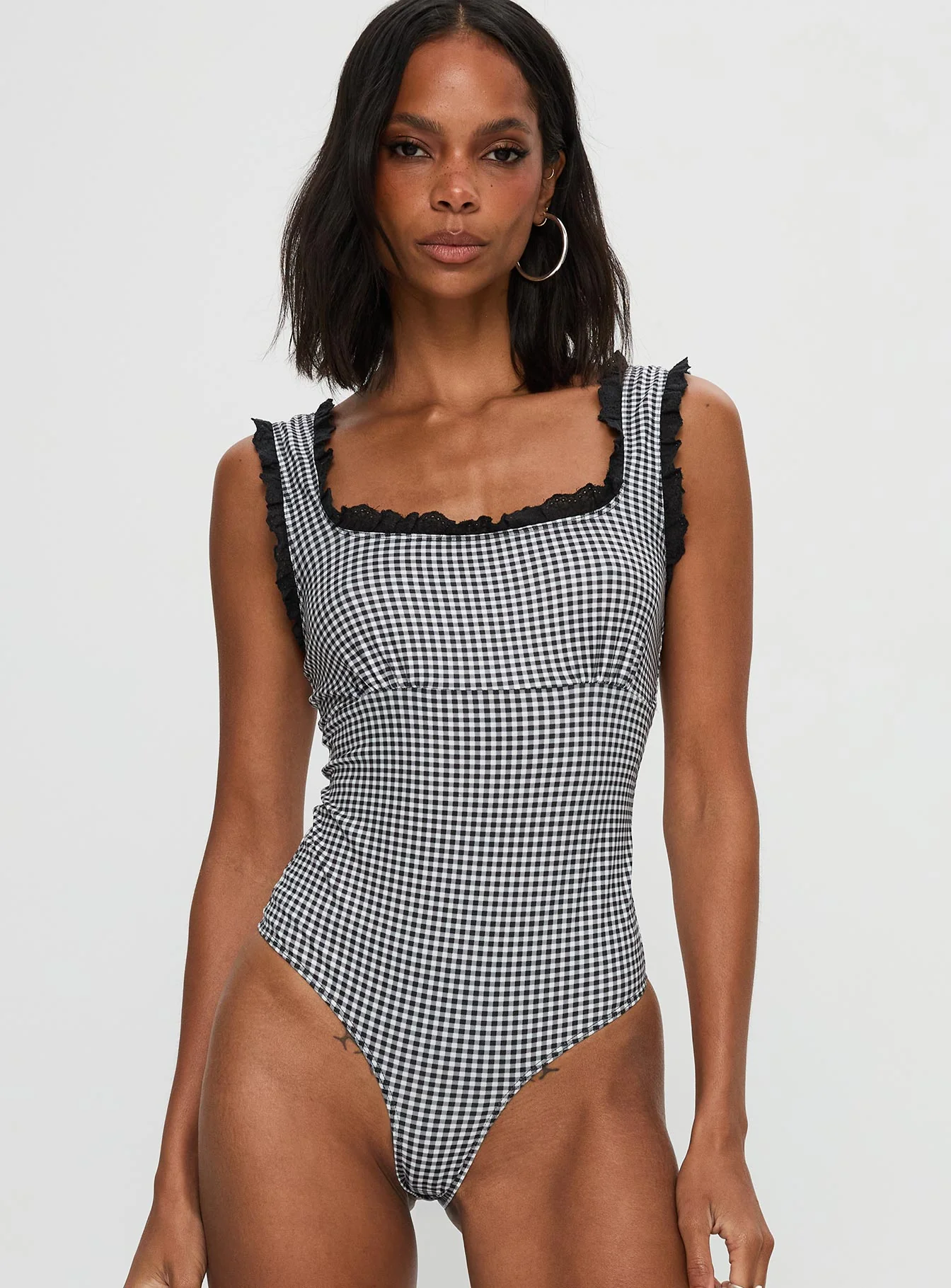 Trustfund Lace Trim Bodysuit Black / White Check