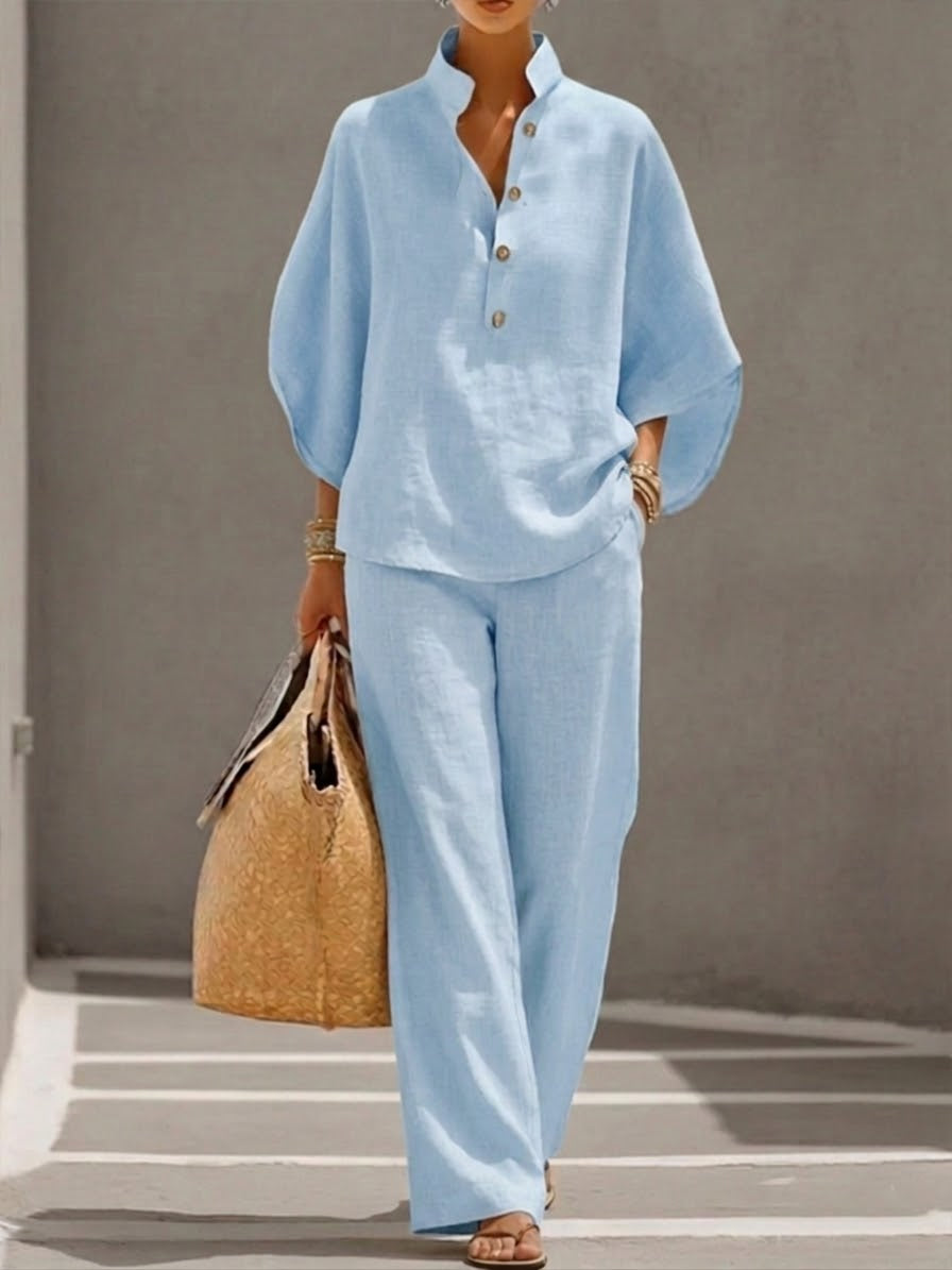 Plus Size Friendly Women’s Batwing Sleeve Linen Cotton Two-Piece Set – Casual Shirt & Wide Leg Pants Outfit - Nordfashionstorm - Women's Clothing, Fashion for You - Nordfashionstorm.com