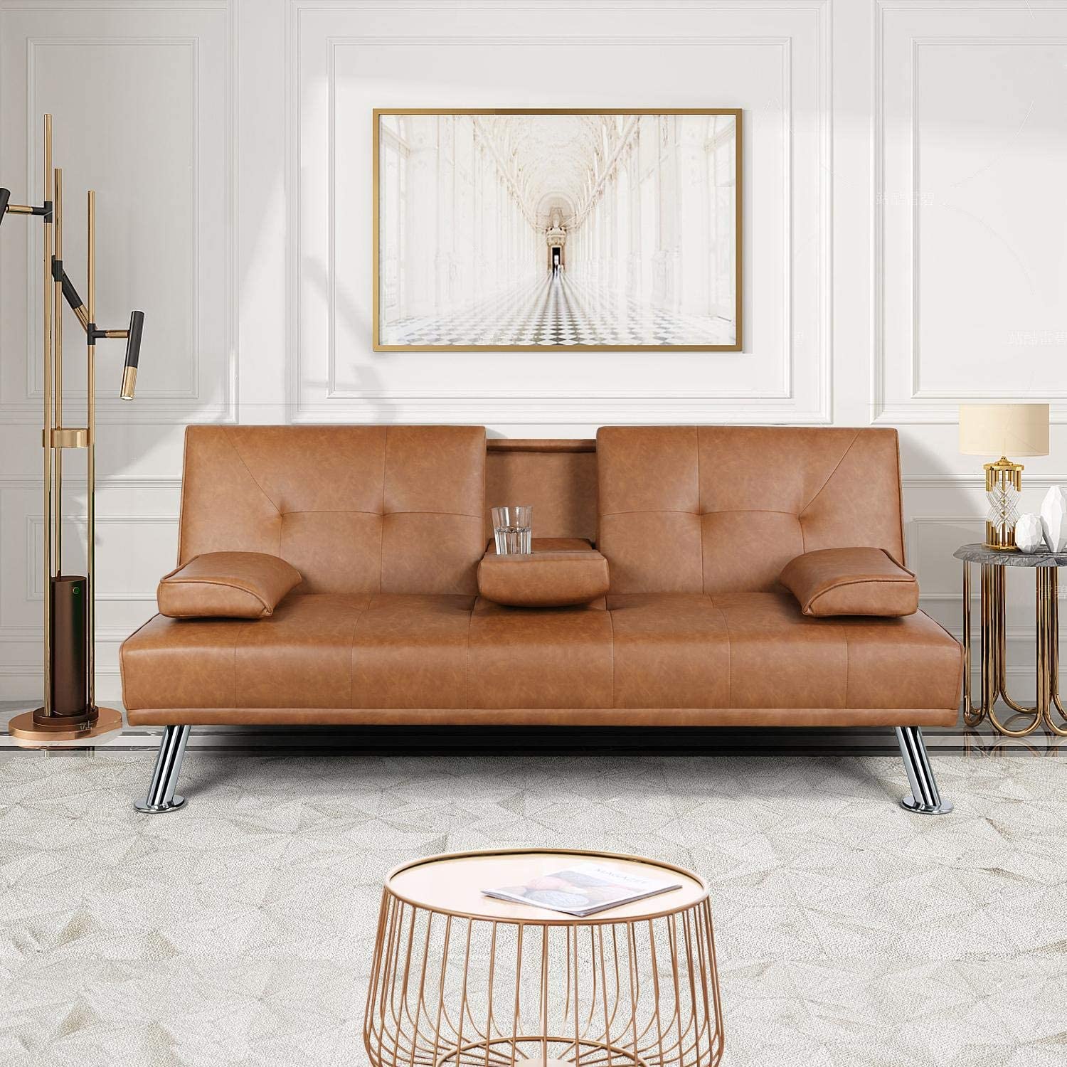 Apartment sofa bed, faux leather sofa with armrests, house liner, suitable for living room and studio brown