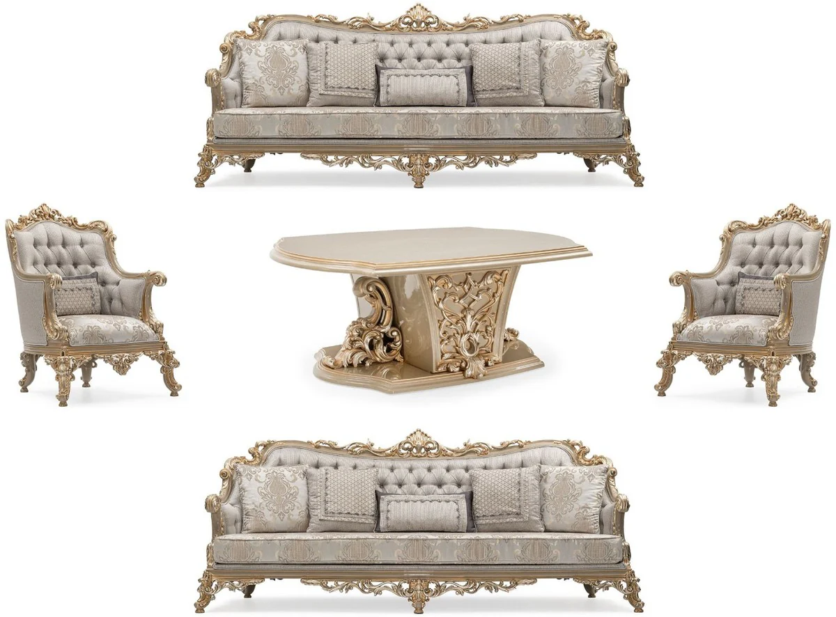 Luxury Baroque Living Room Set Silver / Gray / Gold - 2 Baroque Sofas & 2 Baroque Armchairs & 1 Baroque Coffee Table - Handcrafted Living Room Furniture in Baroque Style - Noble & Magnificent