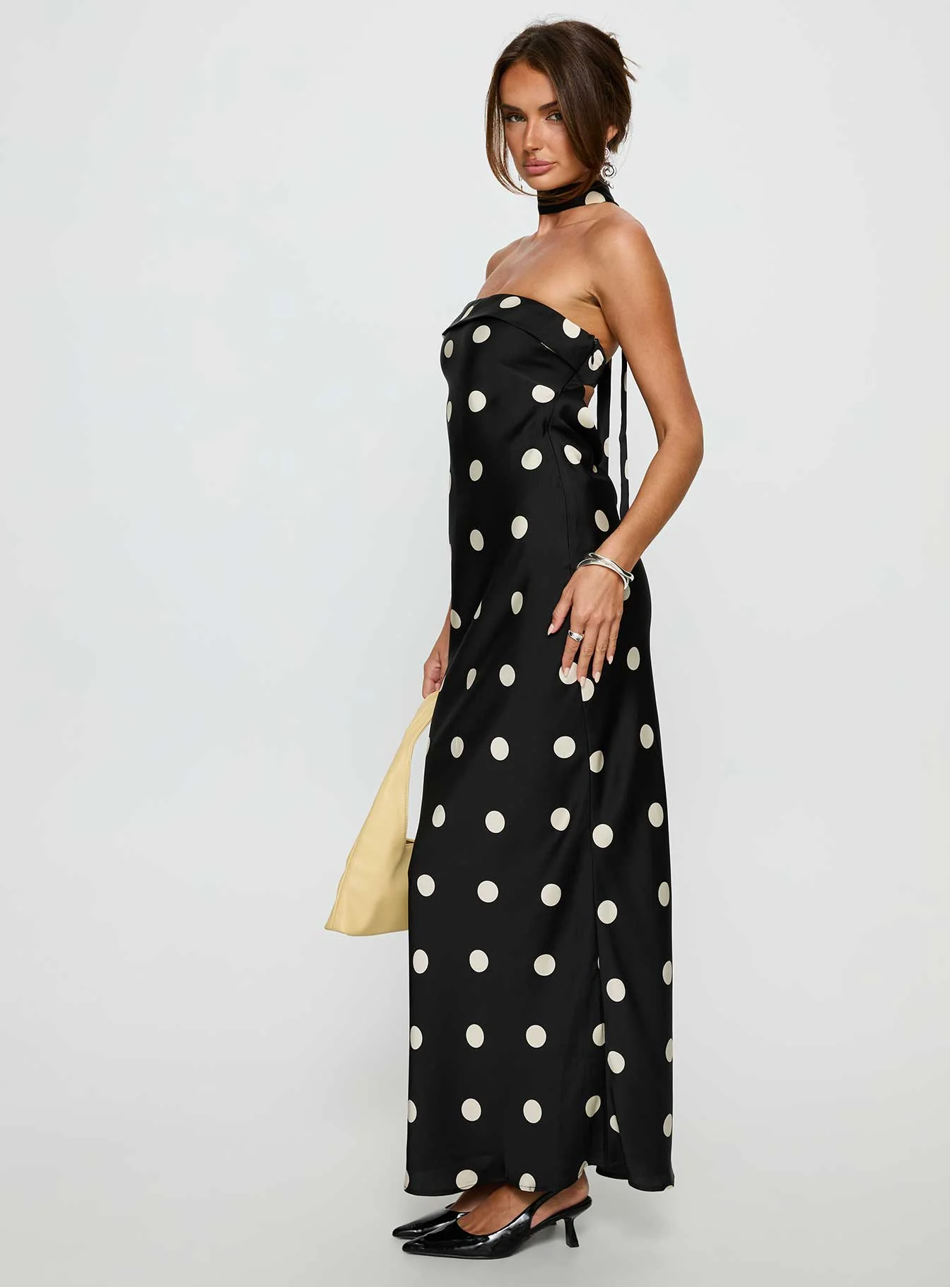 Madilaine Strapless Scarf Maxi Dress Black / Polka Dot