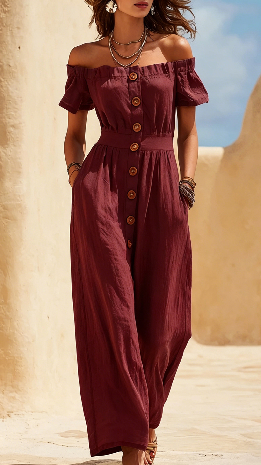 Women's Cotton‑blend Off‑the‑Shoulder Puff Sleeve Waist‑cinched Jumpsuit - Nordfashionstorm - Women's Clothing, Fashion for You - Nordfashionstorm.com
