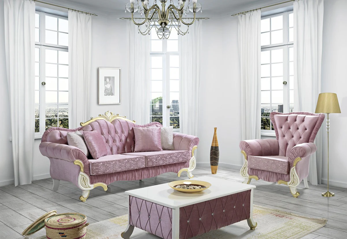 Baroque coffee table pink / white / gold 100 x 64 x H. 43 cm - Baroque style living room table with glittering stones - Baroque furniture