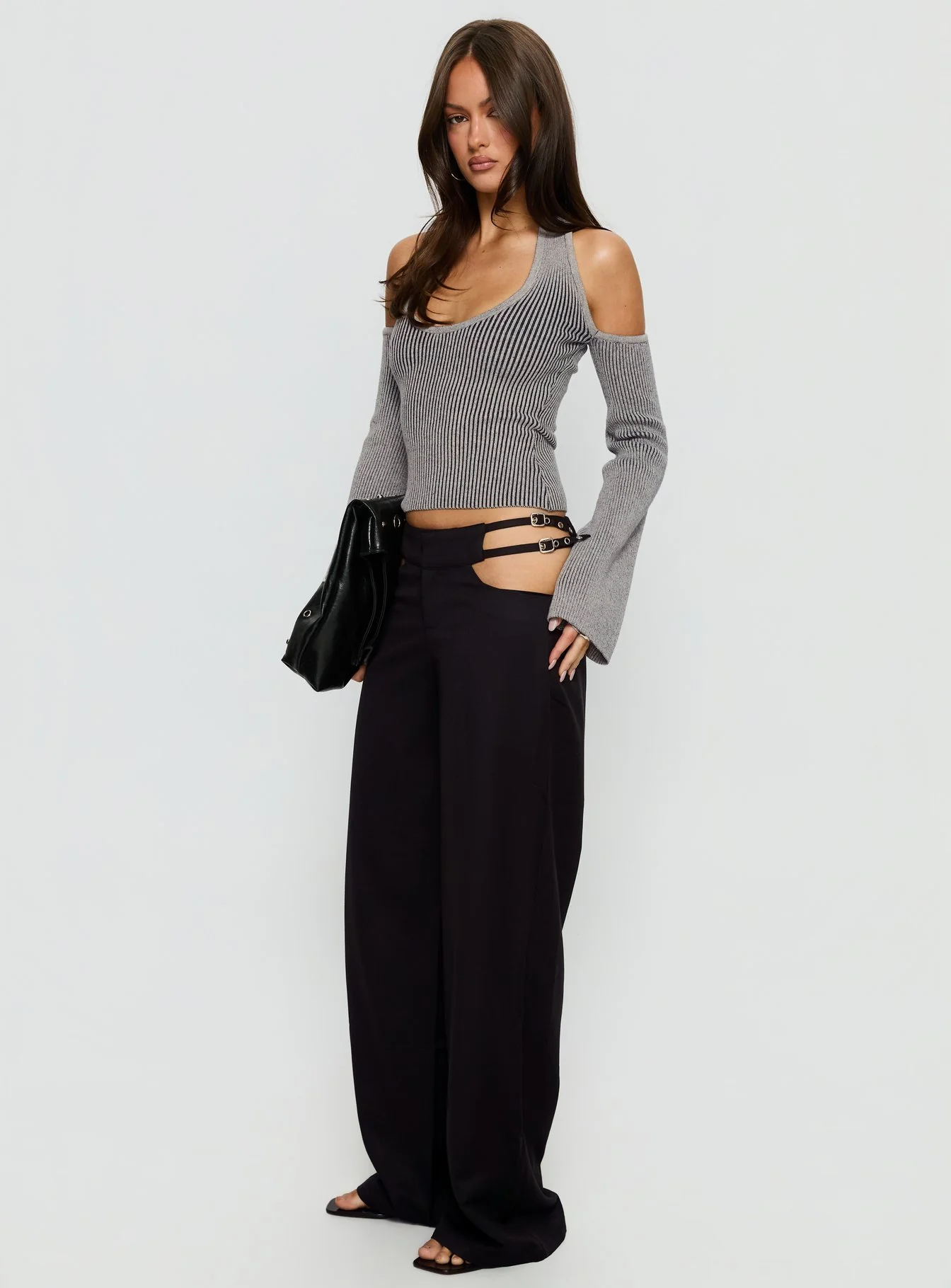 Venicia Belt Detail Suiting Pant Black Pinstripe