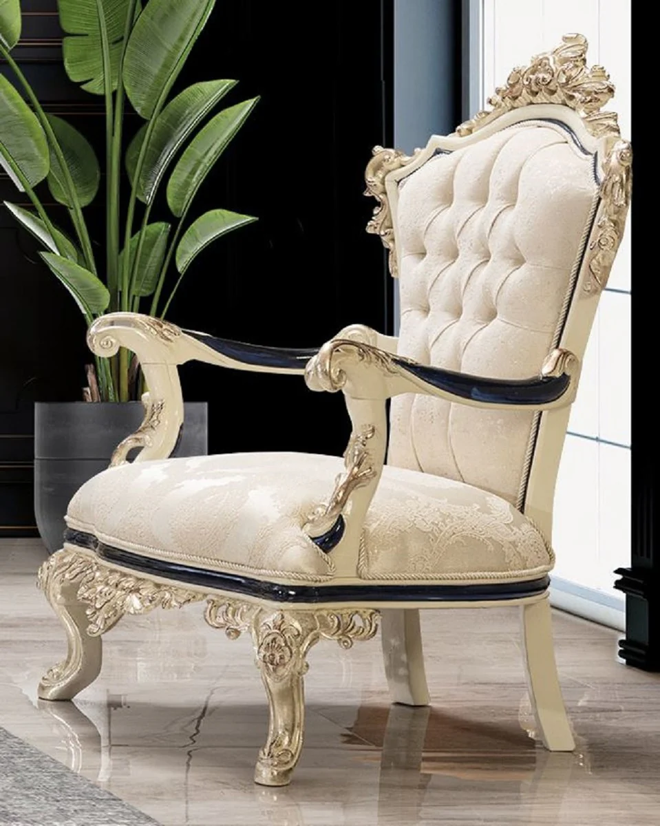 Luxury Baroque Living Room Set White / Cream / Black / Antique Gold - 2 Baroque Sofas & 2 Baroque Armchairs & 1 Baroque Coffee Table - Luxury Living Room Furniture in Baroque Style - Baroque Furniture