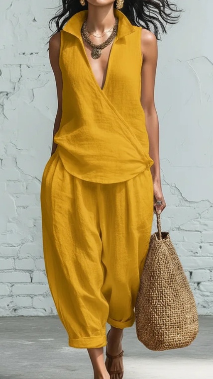 Women's Simple Lapel Shirt and Wide-Leg Pants Linen Two-Piece Set - Nordfashionstorm - Women's Clothing, Fashion for You - Nordfashionstorm.com