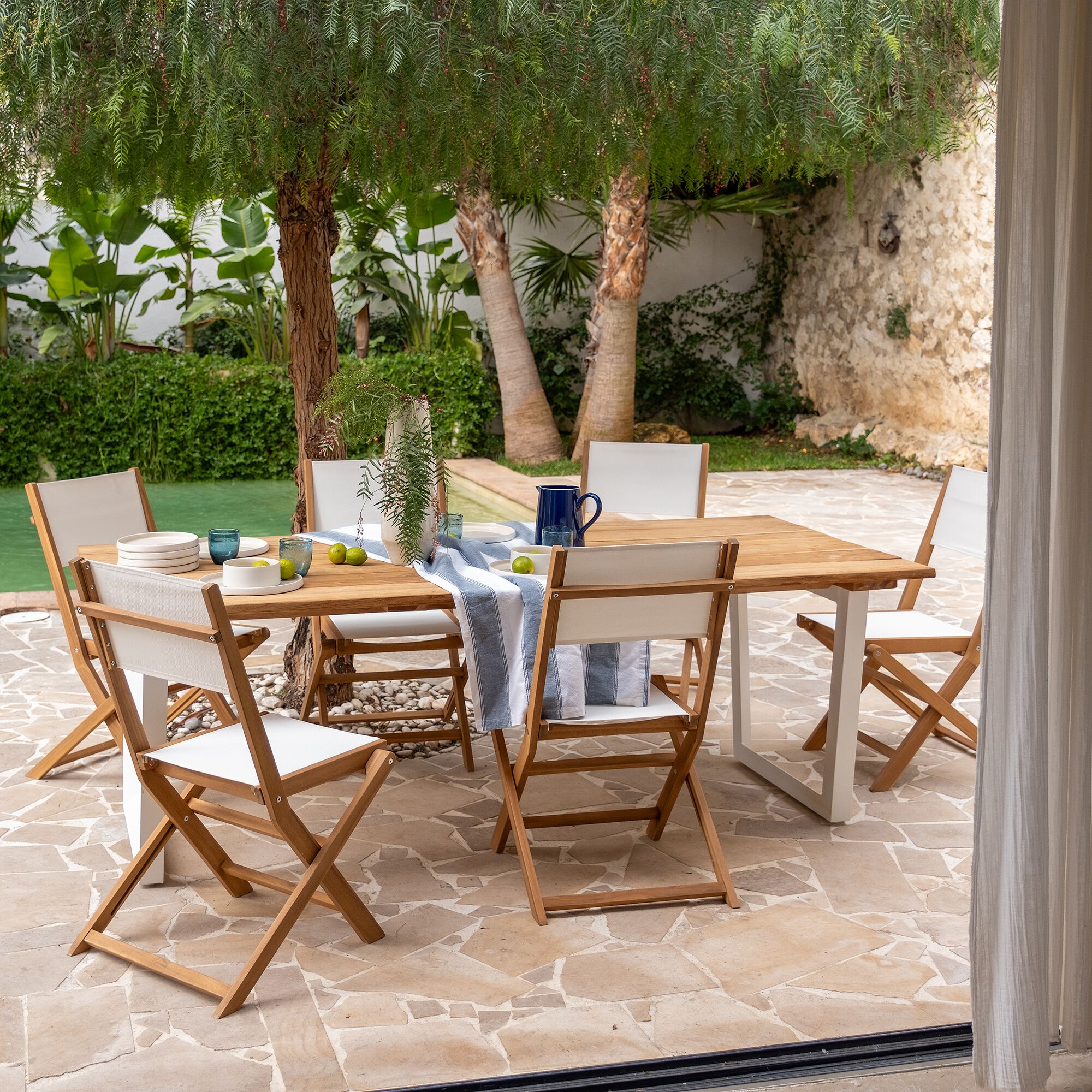 LAVISA - Chaise de jardin pliante en acacia huilé et tissu - blanc