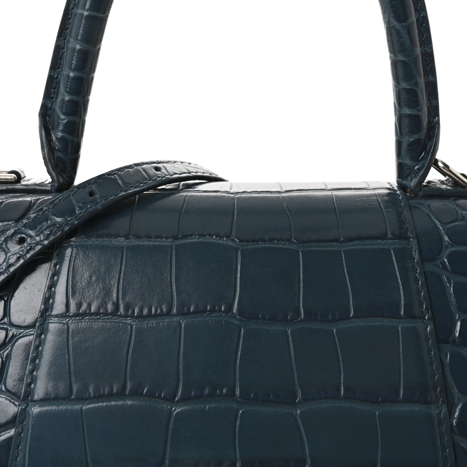 Shiny Calfskin Crocodile Embossed Small Hourglass Top Handle Bag Dark Petrol Blue - Top Club