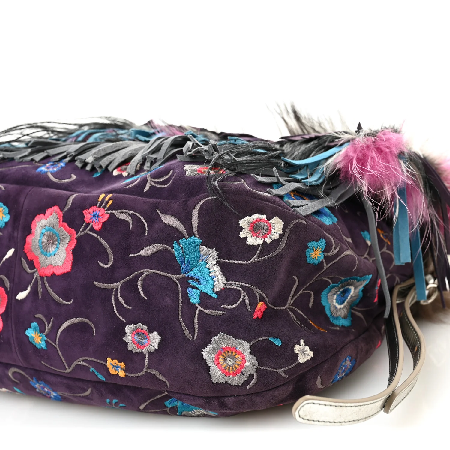 Fox Fur Suede Floral Embroidered Biker Shoulder Bag - Top Club