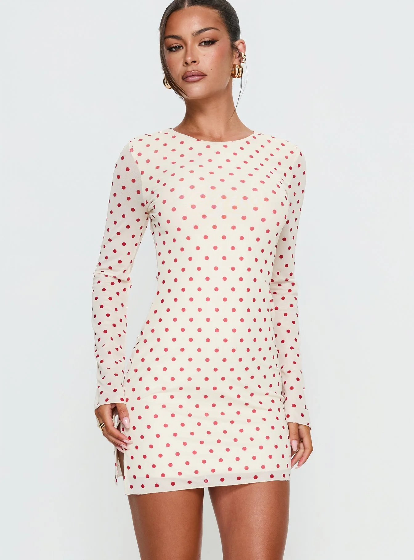Nyxia Long Sleeve Mini Dress Cream / Red Polka