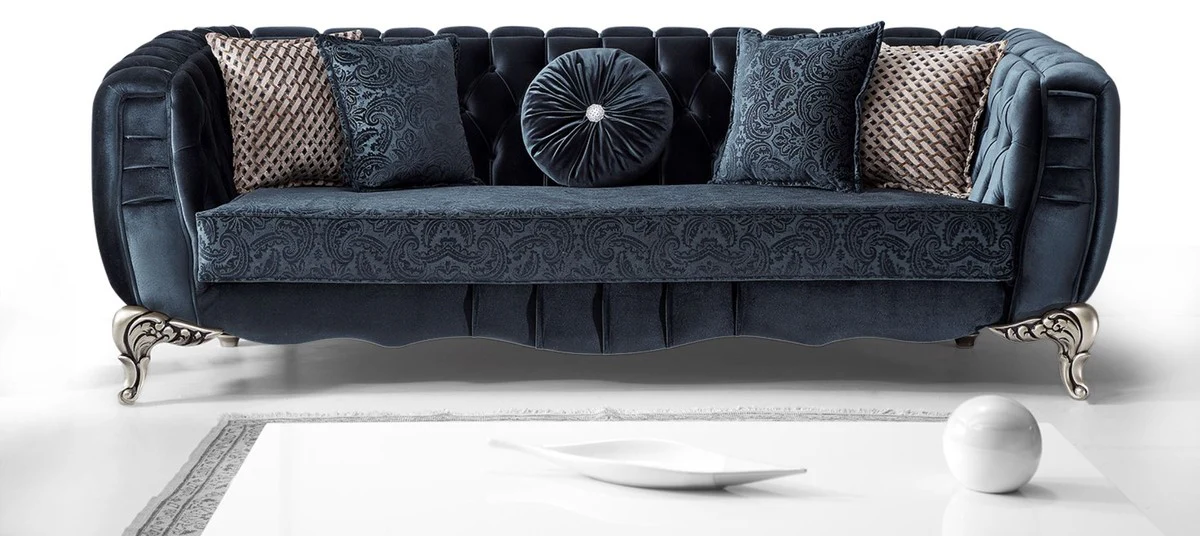 Luxury baroque living room set blue / silver - 2 sofas & 2 armchairs & 1 coffee table - Elegant living room furniture in baroque style