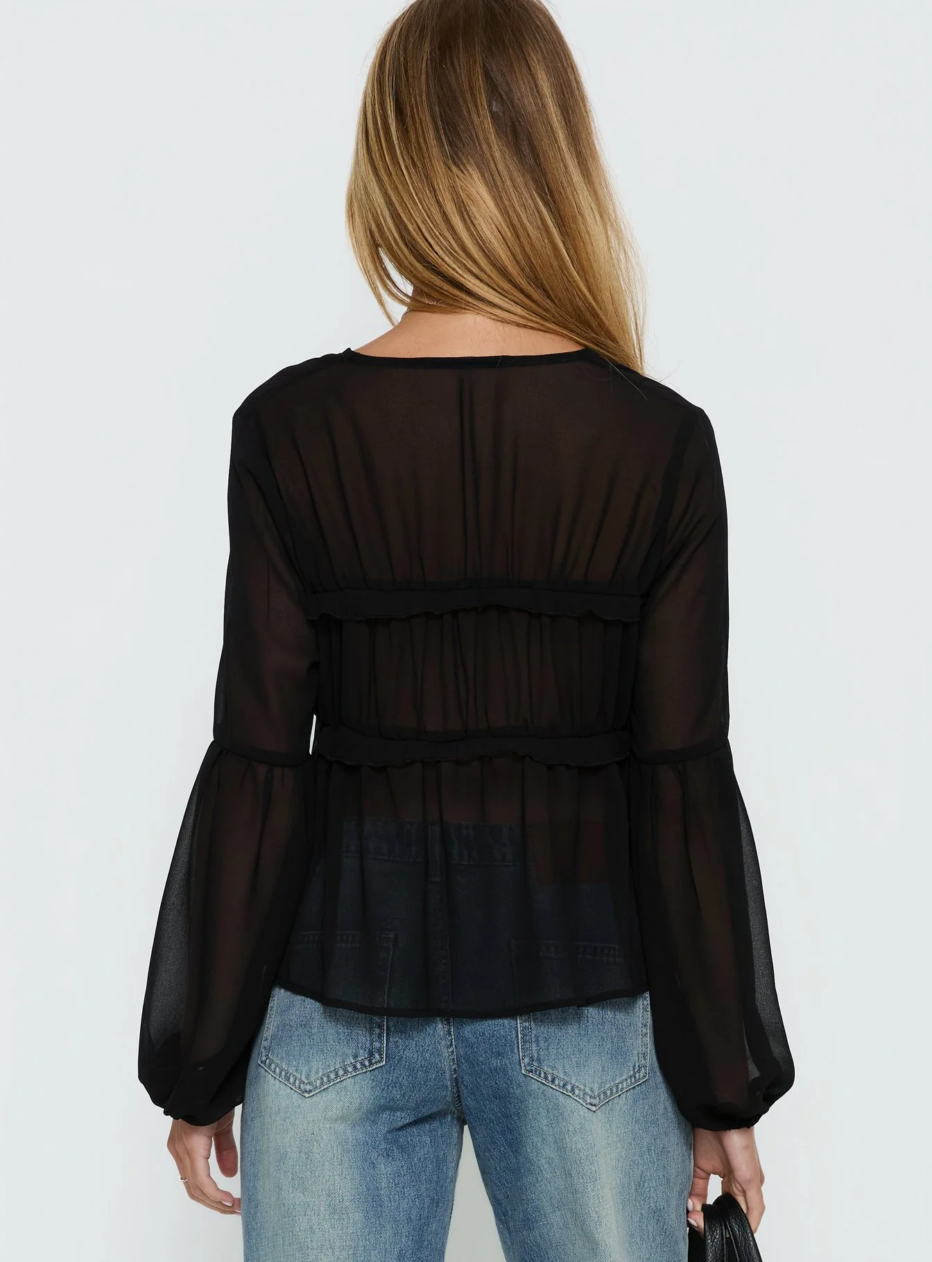 Palapa Tie Detail Sheer Long Sleeve Top Black