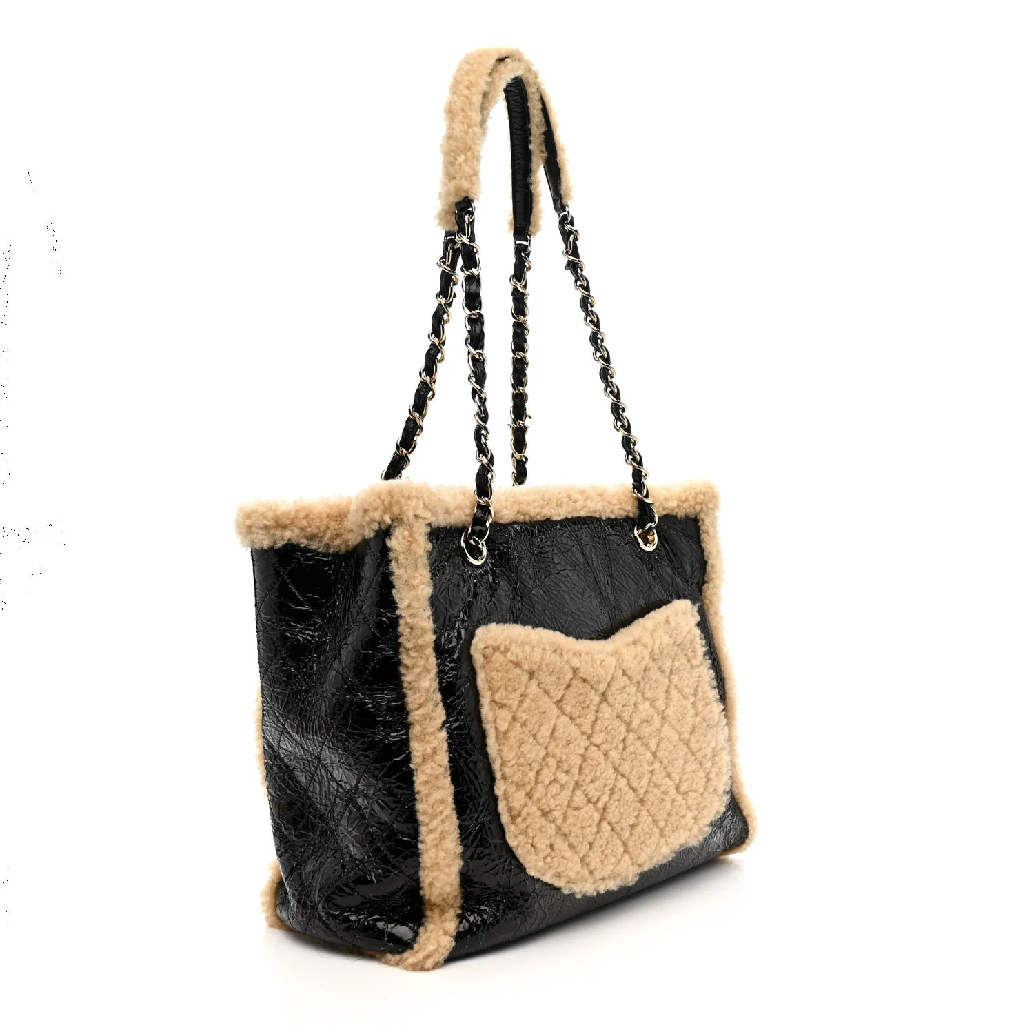 Shiny Crumpled Sheepskin Shearling CC Mania Tote Bag Black Beige - Top Club