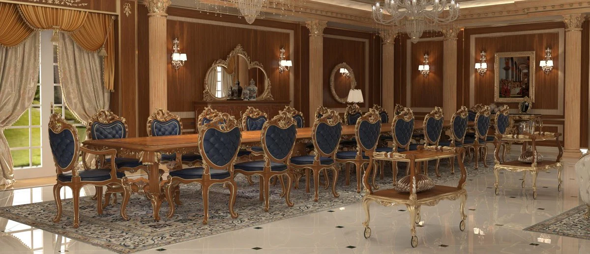 Luxury Baroque Dining Room Chair Set Dark Blue / Brown / Gold 57 x 62 x H. 105 cm - Magnificent Kitchen Chairs Set of 6 - Hotel Restaurant Castle Furniture - Luxury Quality - Made in Italy