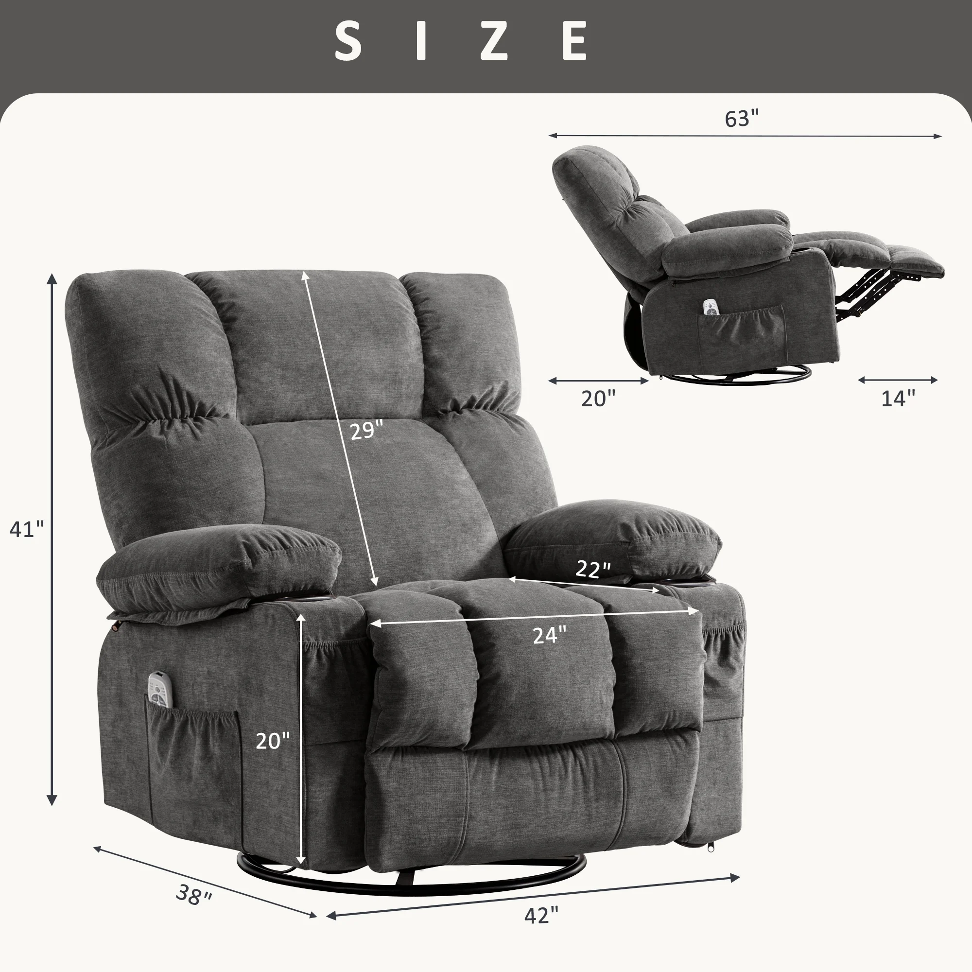 JONPONY Manual Recliner Chair with Heat Therapy and Massage Function, Heavy Duty Reclining Mechanism Massage Chair, Elderly Single Rocker Sofa with Cup Holders for Bedroom Home Theater, Grey