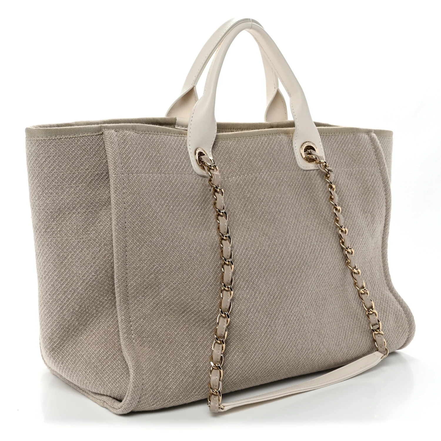 Mixed Fibers Calfskin Medium Deauville Tote Beige White - Top Club