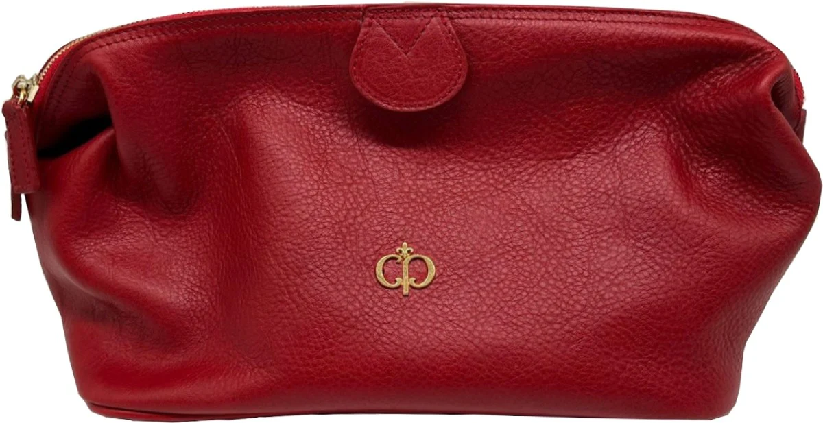 Luxury genuine leather cosmetic bag red / gold 28 cm - Made in Italy