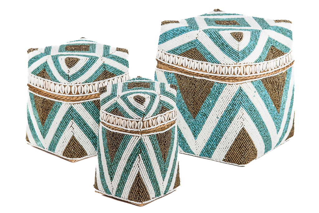 Hoge offer manden kraaltjes/schelpjes - set van 3 - turquoise/goud/wit