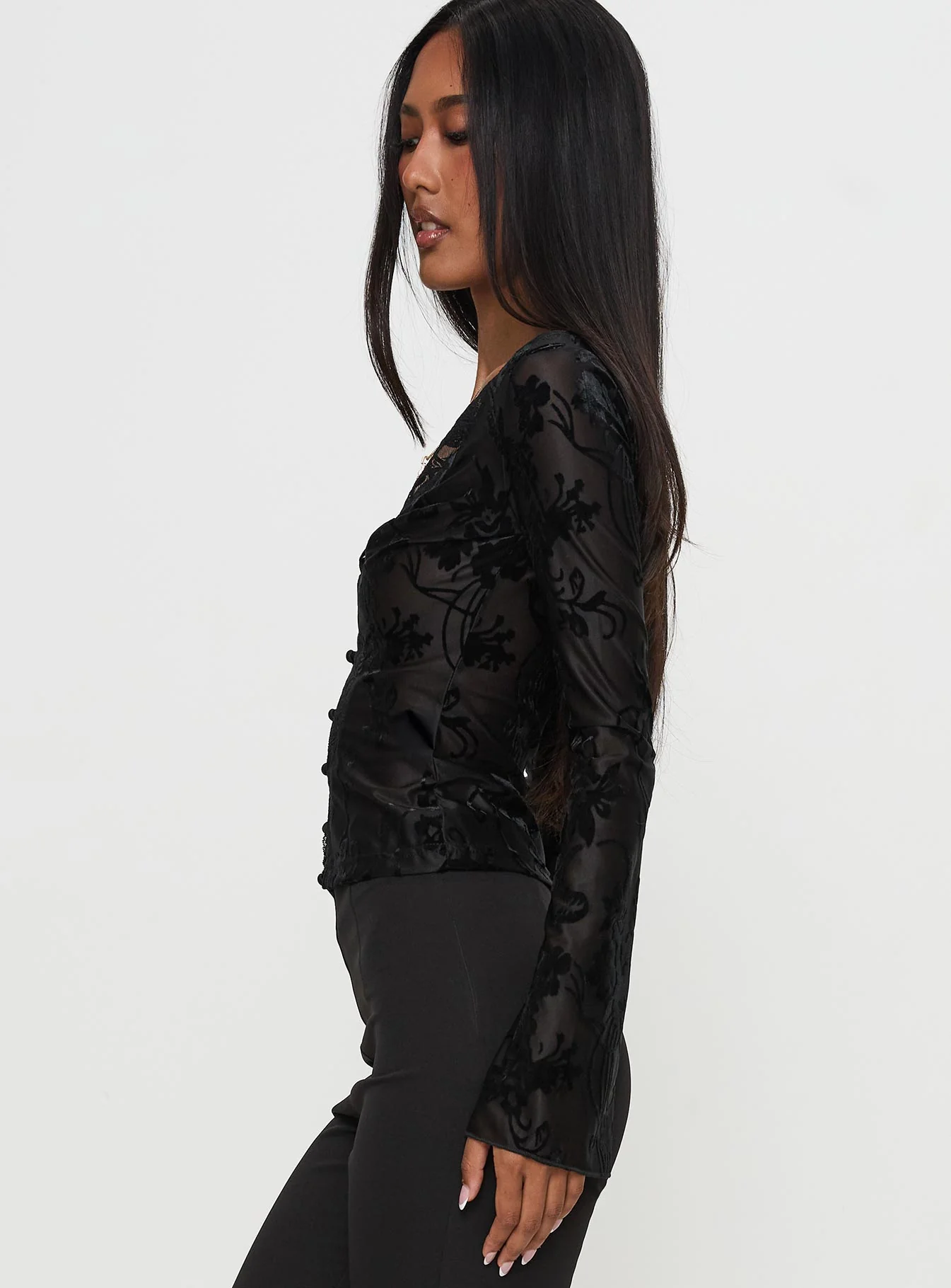 Find An Angel Long Sleeve Lace Trim Top Black