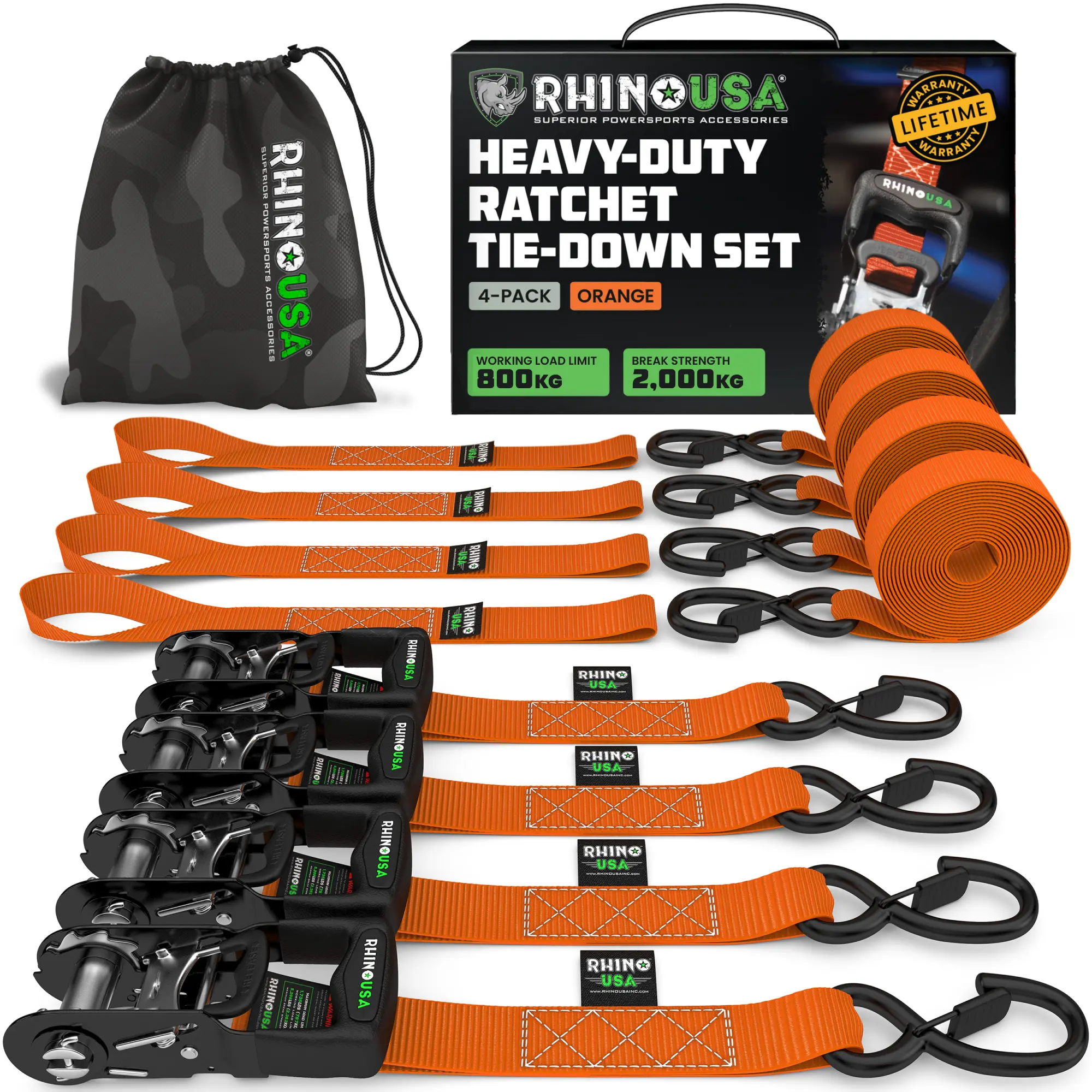 Rhino USA TRADITIONAL Ratchet Straps Heavy Duty Kit - 1.6 Inch x 8ft -15ft (5,208lb Break Strength) 2-4 pack