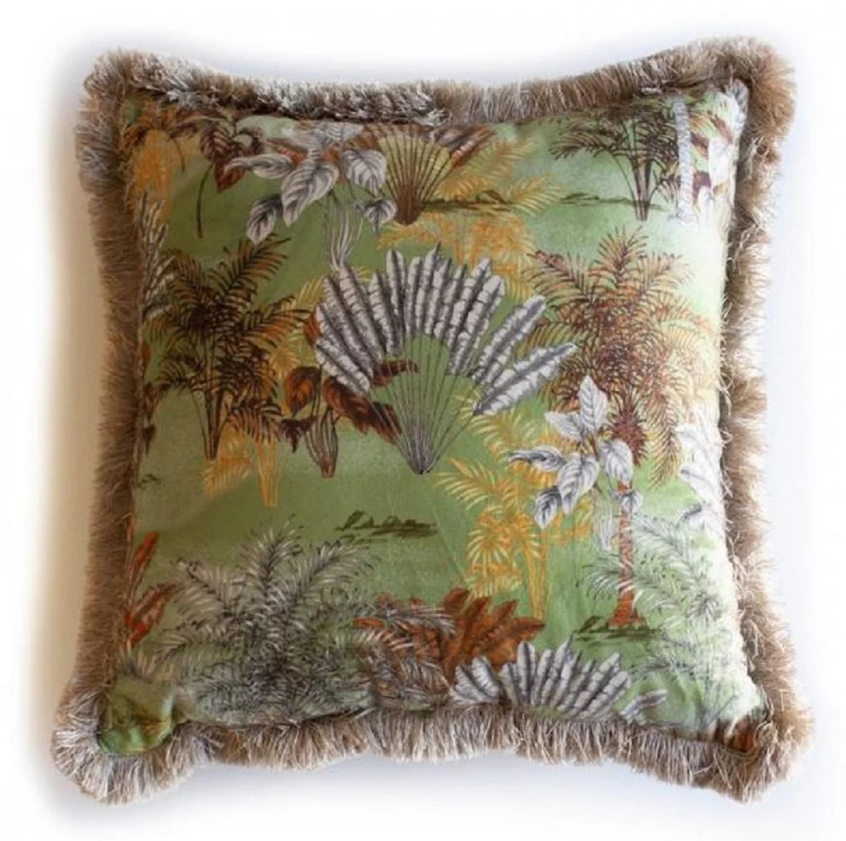 Luxury decorative cushion jungle design green / multicolored / brown 45 x 45 cm - printed velvet cushion with fringes - decorative accessories
