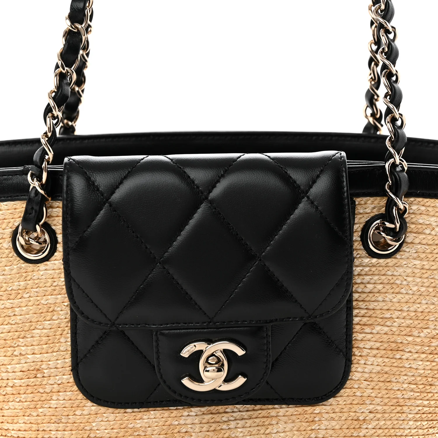 Raffia Braided Lambskin Small Shopping Tote Beige Black - Top Club