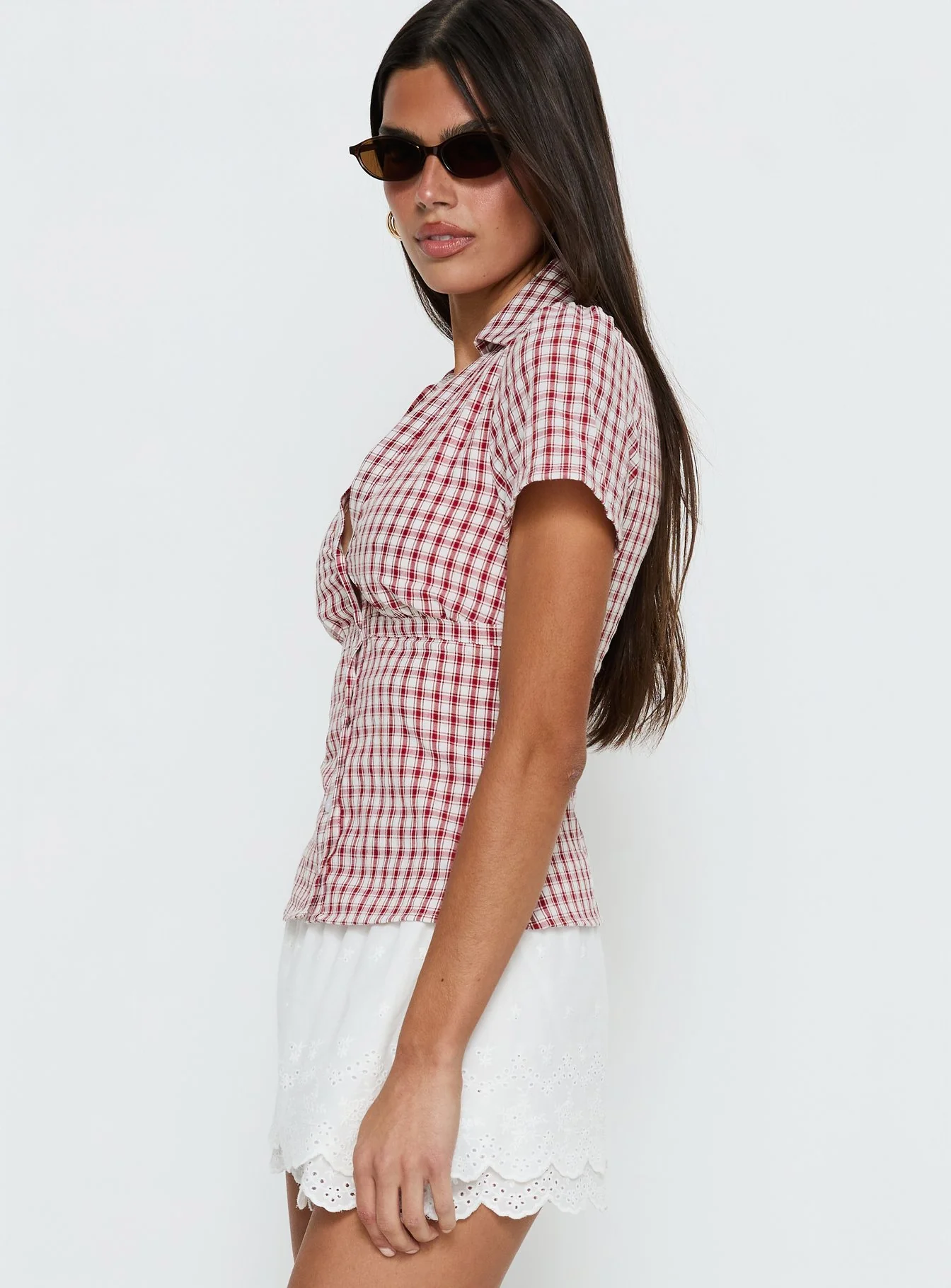 What A Show Button Up Top Red Check