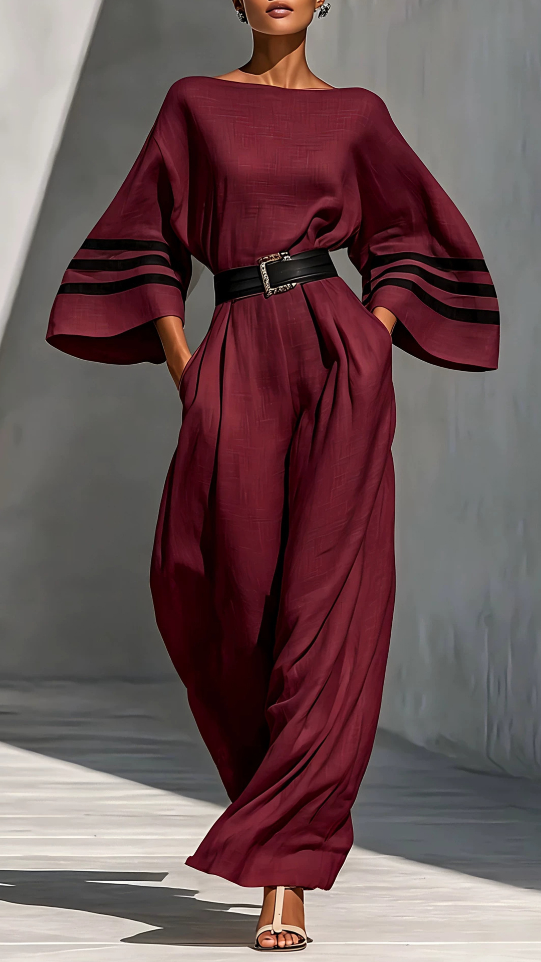 Women's Cotton-blend Striped Waist-cinching Wide-leg Jumpsuit - Nordfashionstorm - Women's Clothing, Fashion for You - Nordfashionstorm.com