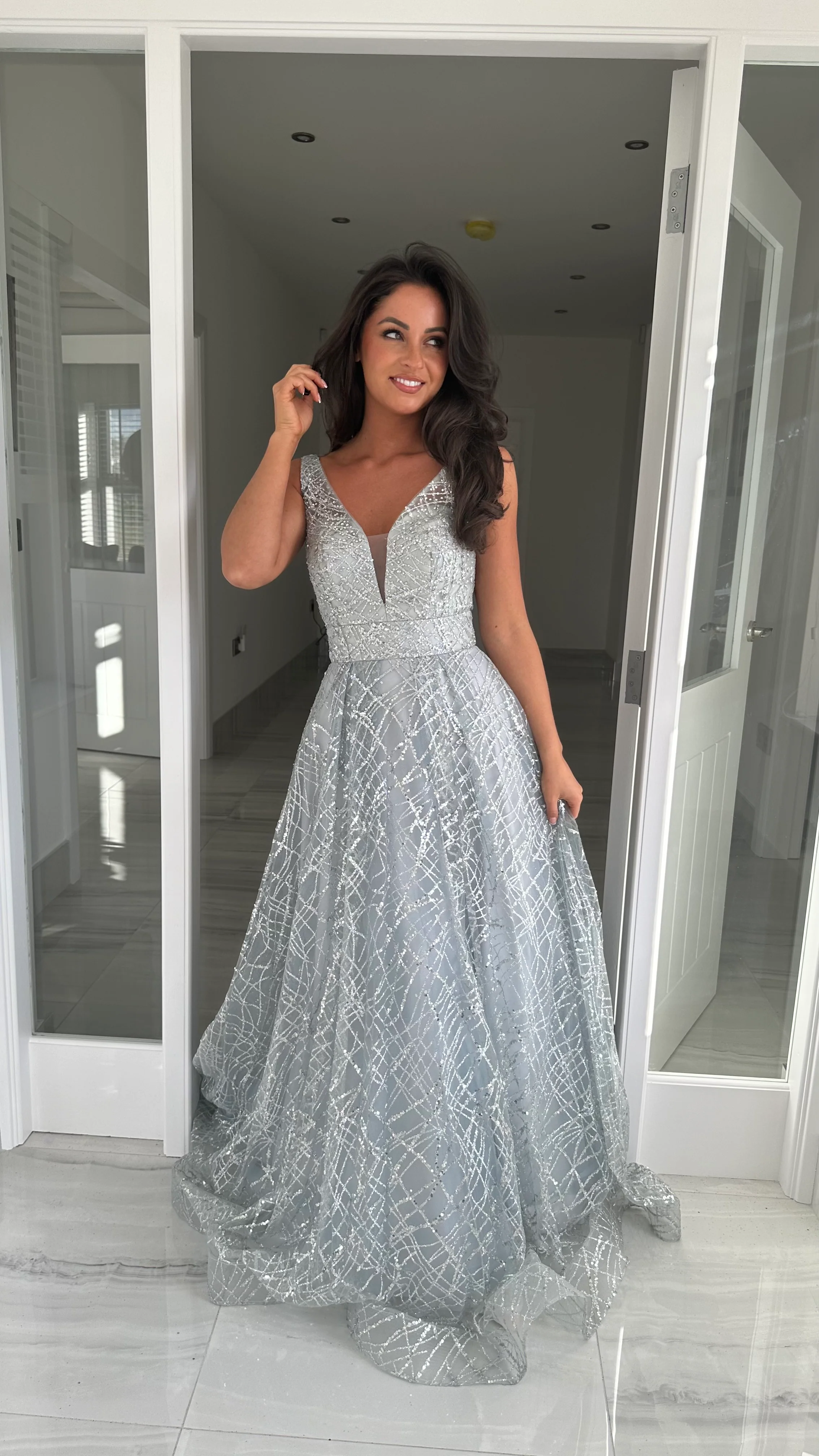 Silver Glitter V-Neck Ball Gown