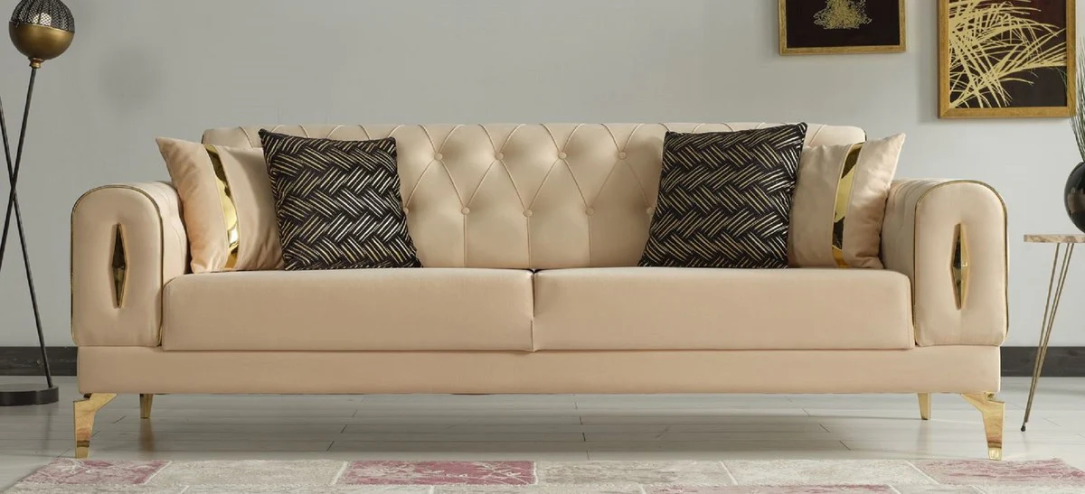 Luxury sofa bed beige / gold 225 x 95 x H. 83 cm - Living room sofa with 4 cushions - Luxury living room furniture