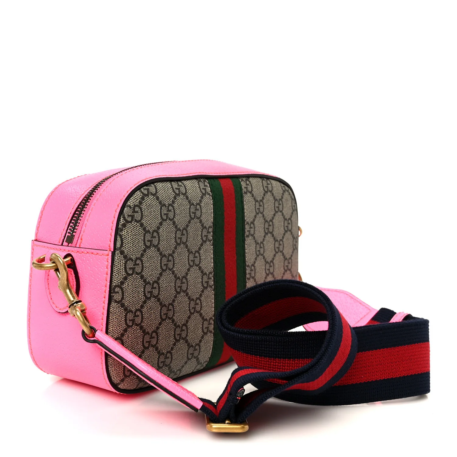 GG Supreme Monogram Textured Dollar Calfskin Web Ophidia Small Crossbody Bag Beige Ebony Fuchsia