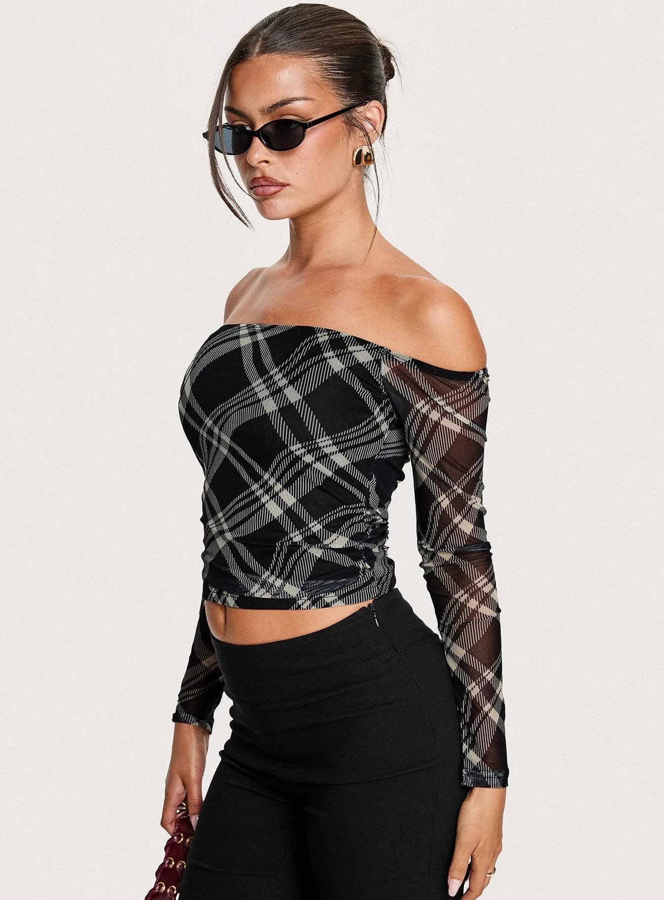 Siarah Off Shoulder Long Sleeve Top Multi Check