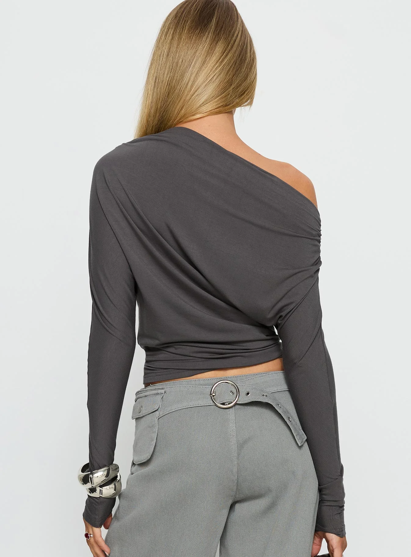 Party Hour Off Shoulder Top Charcoal