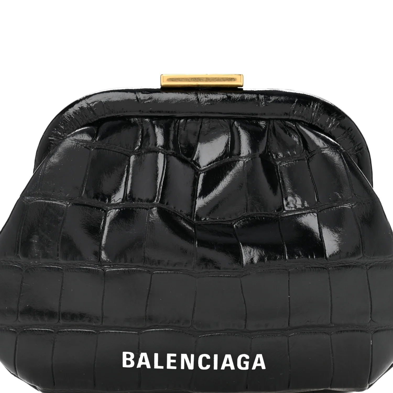 Shiny Supple Calfskin Logo Crocodile Embossed Cloud Coin Purse Black White - Top Club