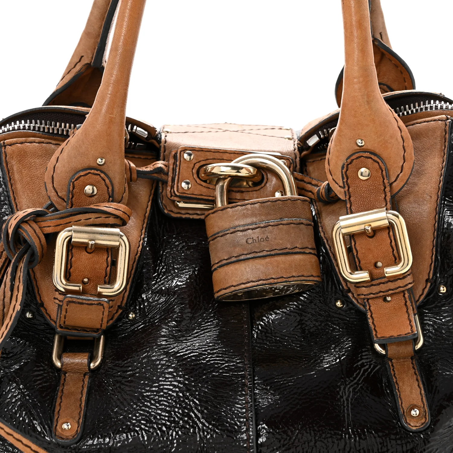 Patent Lambskin Medium Paddington Satchel Dark Brown - Top Club