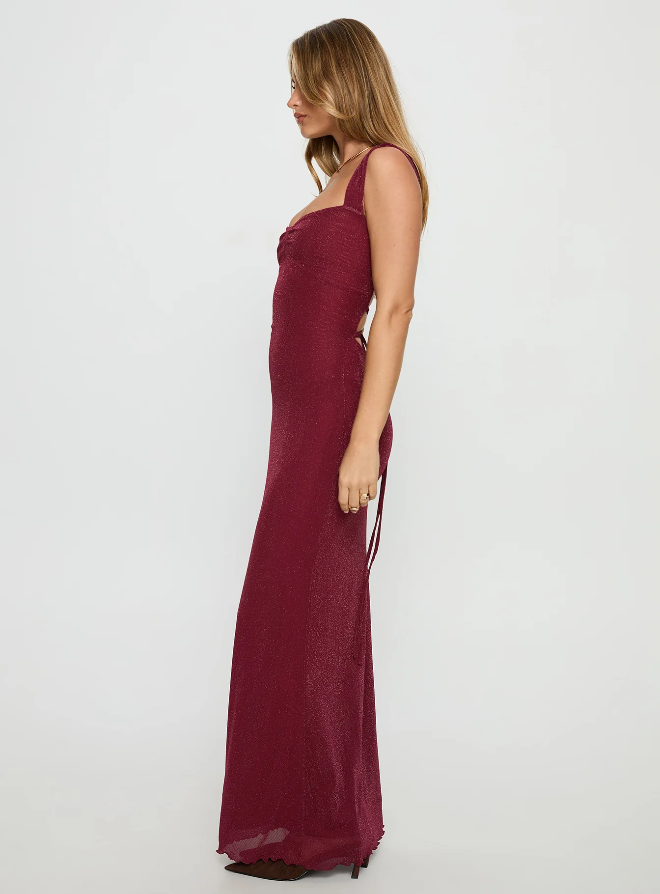 Crisanto Tie Up Ruched Maxi Dress Burgundy