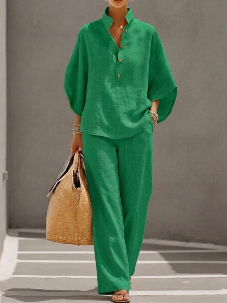Plus Size Friendly Women’s Batwing Sleeve Linen Cotton Two-Piece Set – Casual Shirt & Wide Leg Pants Outfit - Nordfashionstorm - Women's Clothing, Fashion for You - Nordfashionstorm.com