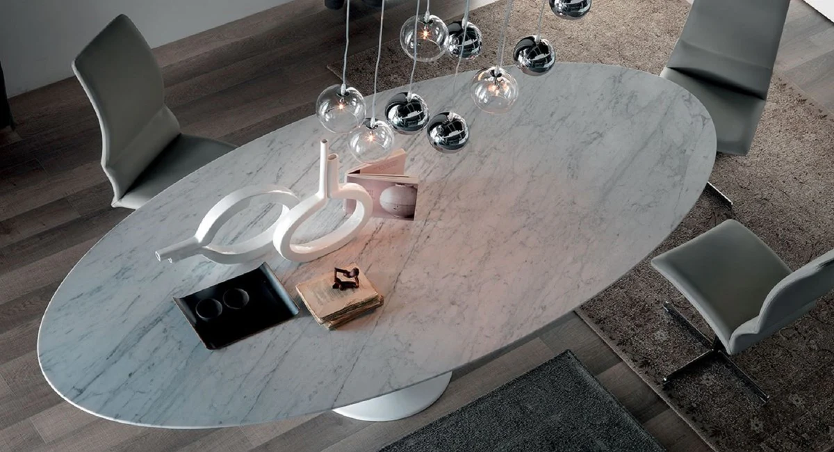 Luxury dining table matt white 290 x 130 x H. 75 cm - Oval dining room table with high-quality Carrara marble table top - Modern dining room furniture - Luxury quality - Made in Italy