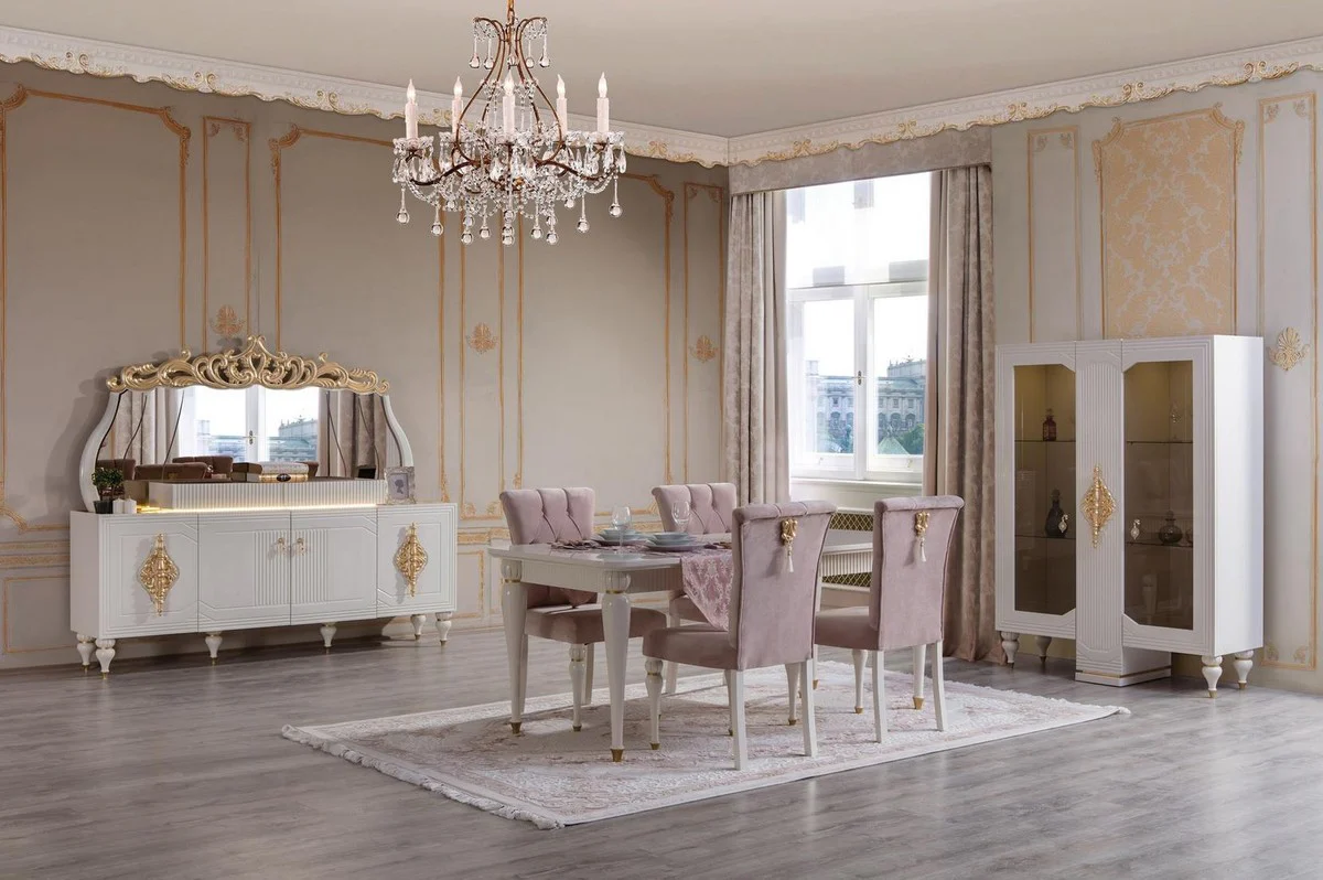 Luxury Baroque Dining Room Set Pink / White / Gold - 1 Dining Table & 6 Dining Chairs - Baroque Dining Room Furniture