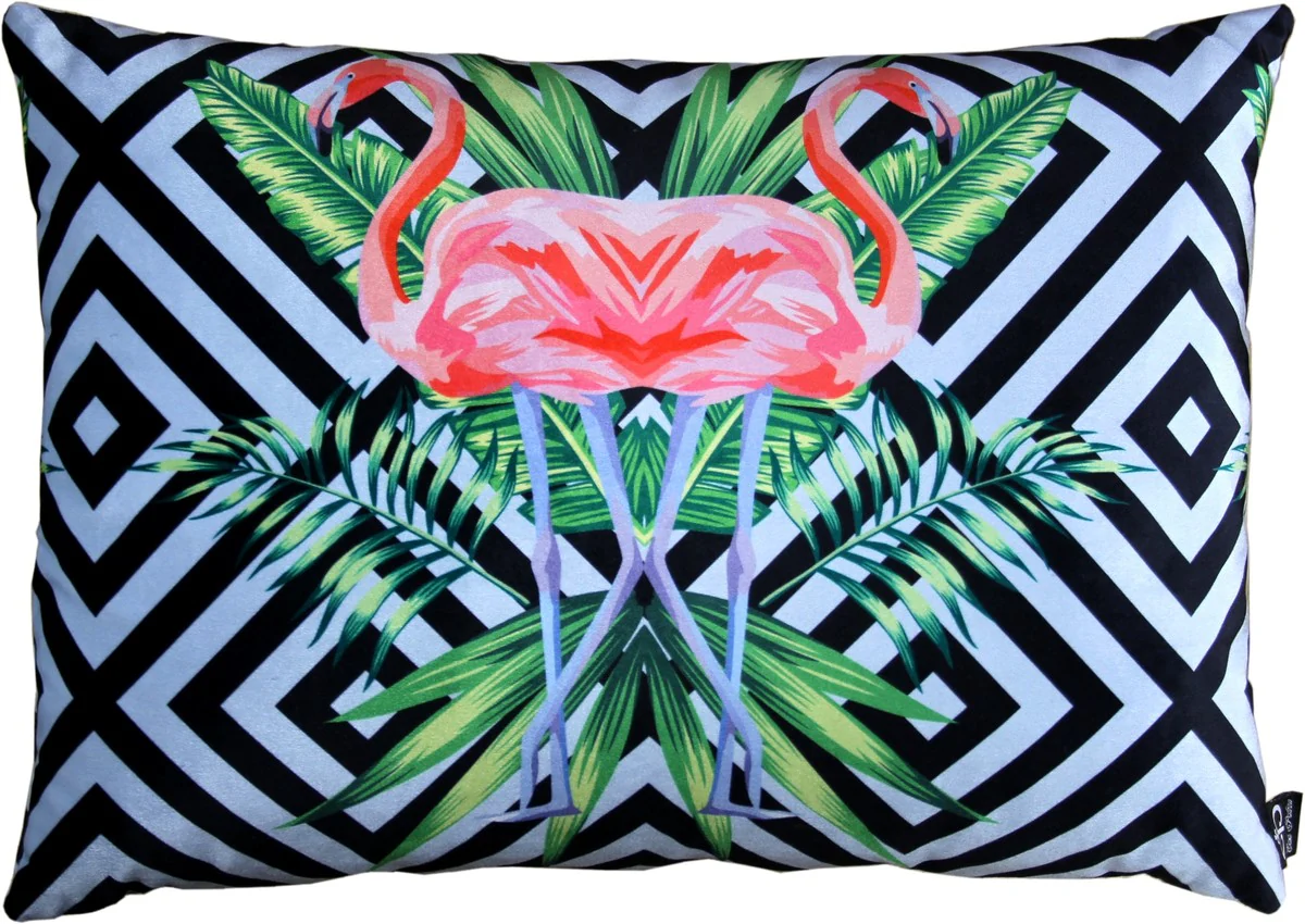 Luxury decorative cushion Florida flamingos multicolored 35 x 55 cm - finest velvet fabric - decorative living room cushion