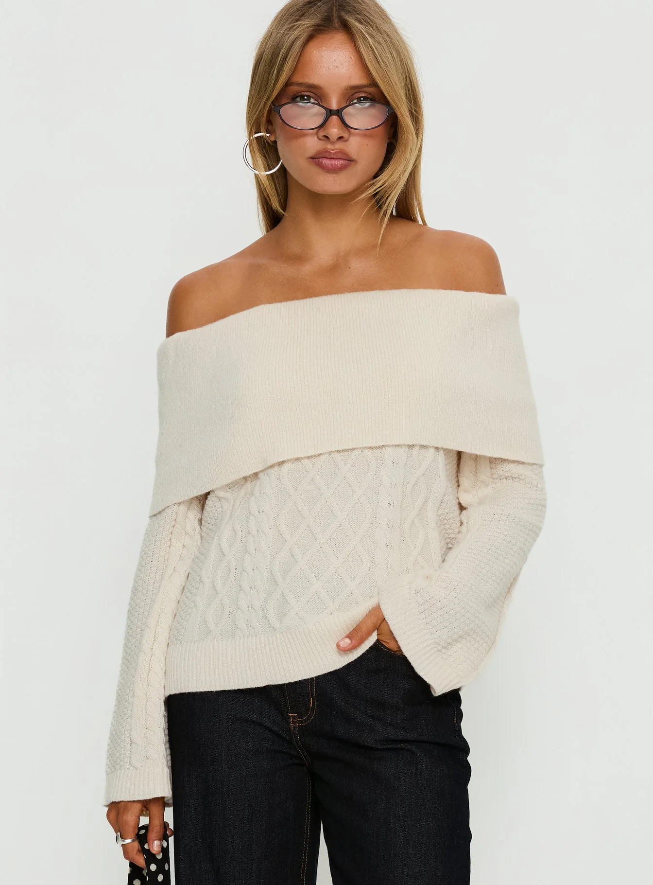 Margarete Off Shoulder Knit Sweater Cream