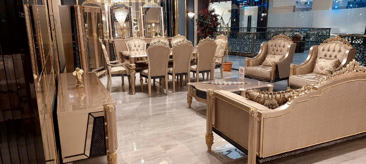 Luxury Baroque Dining Room Set Gray / Black / Gold - 1 Baroque Dining Table & 8 Baroque Dining Chairs - Luxury Dining Room Furniture in Baroque Style - Magnificent Baroque Dining Room Furniture