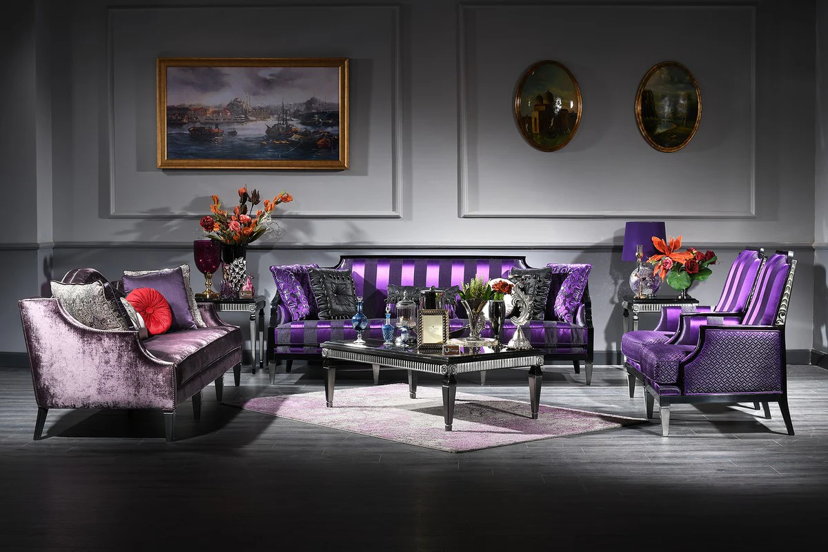Luxury Baroque Living Room Set Purple / Black / Silver - 2 Sofas & 2 Armchairs & 1 Coffee Table & 2 Side Tables - Baroque Furniture