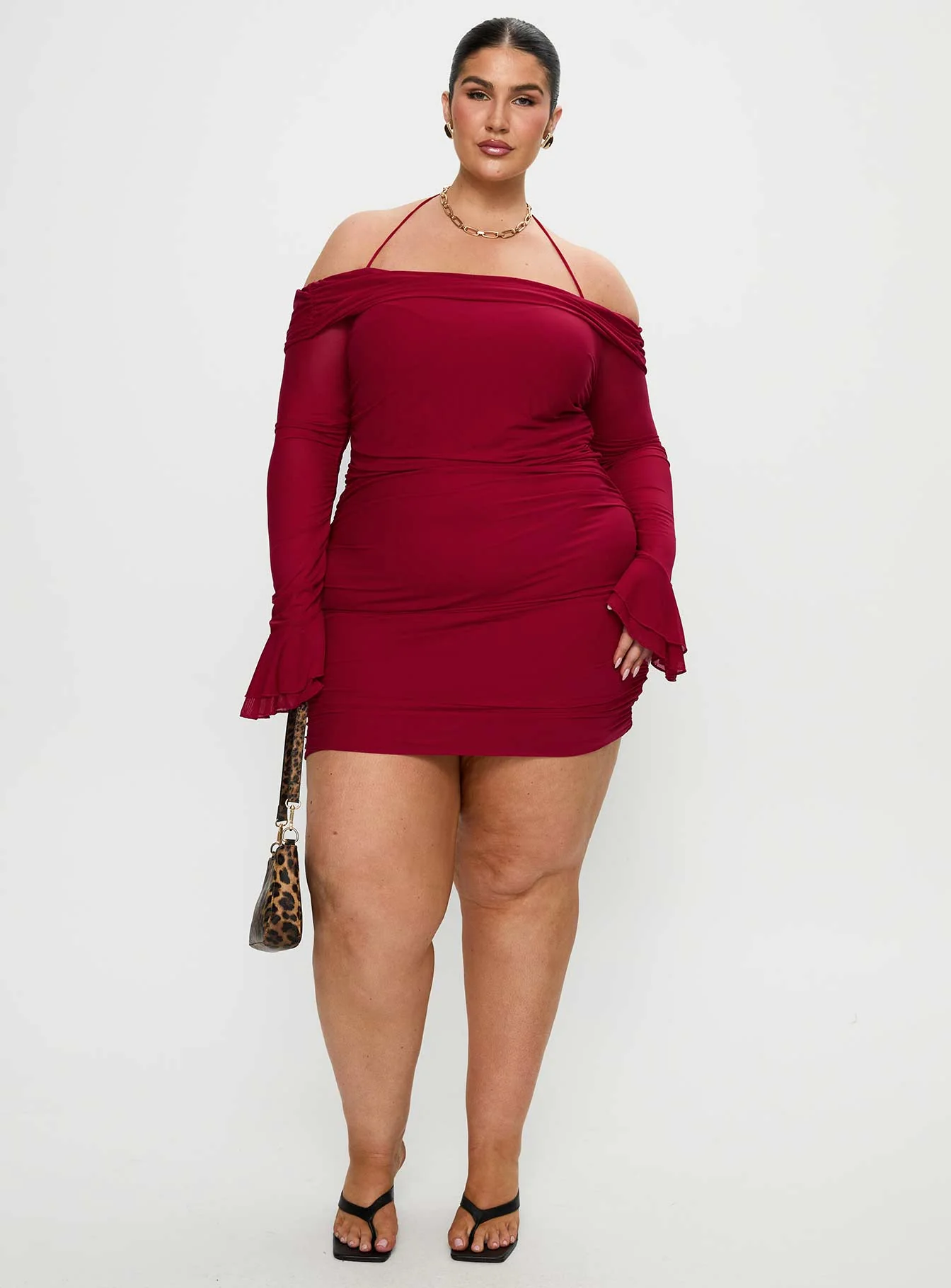 Taylon Off Shoulder Long Sleeve Mini Dress Red Curve